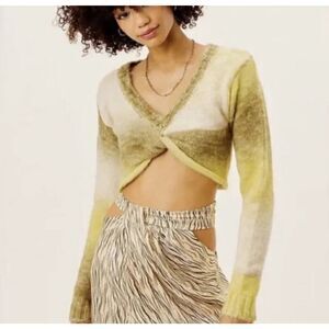 For Love & Lemons Celeste Twist Front Crop Sweater Yellow Green Cozy NWT Size S